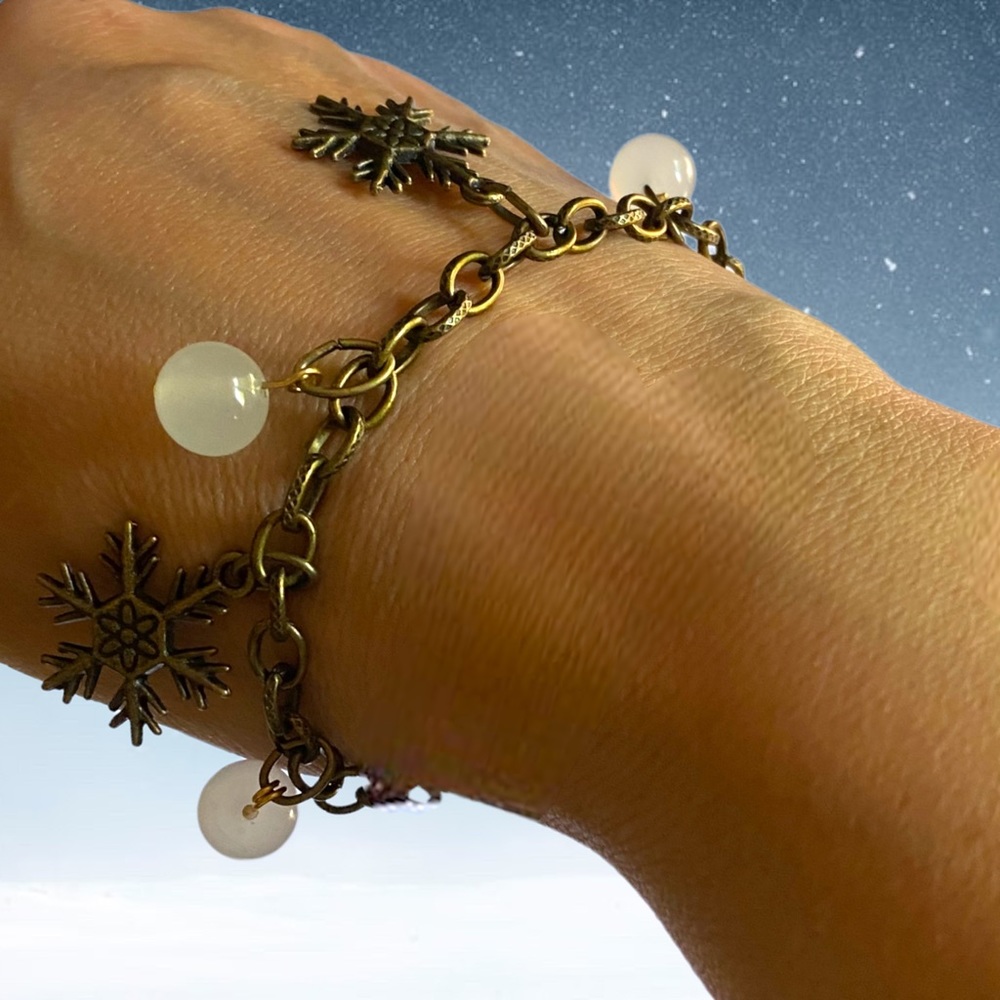 Handmade Charm Bracelet Snowflakes Snow Ball Beads Copper Antique Links - Picture 3 of 5
